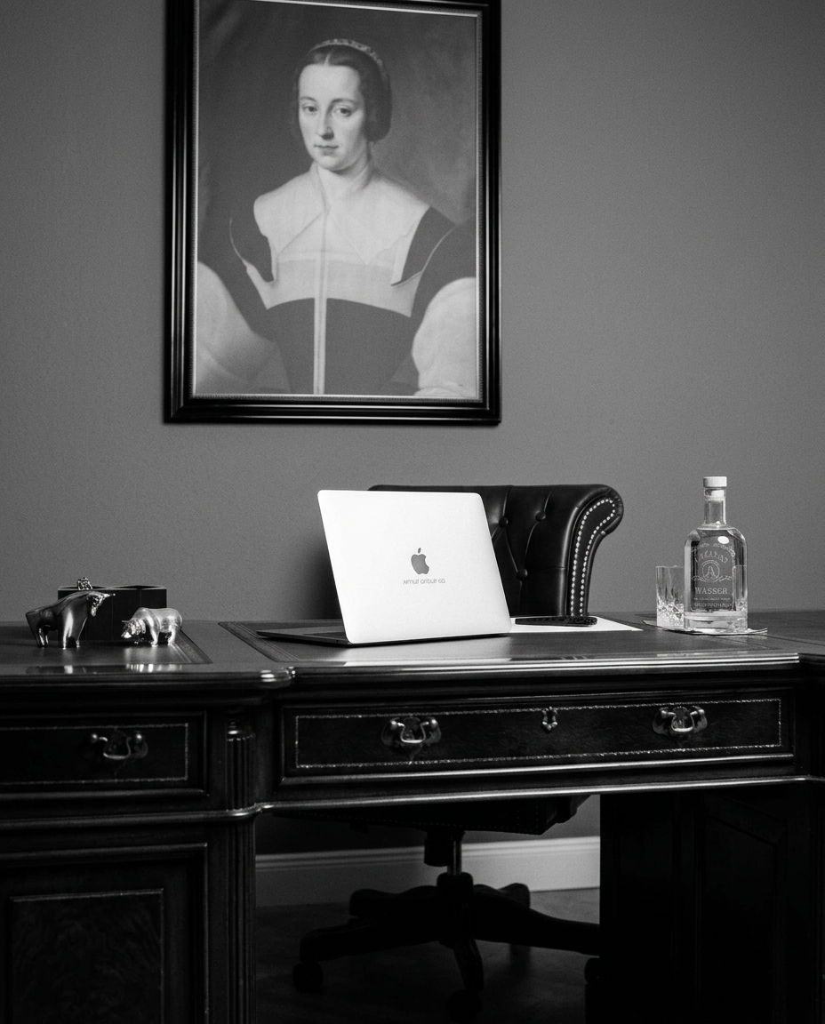 Lazanas Family Office study — antique writing desk with leather chesterfield